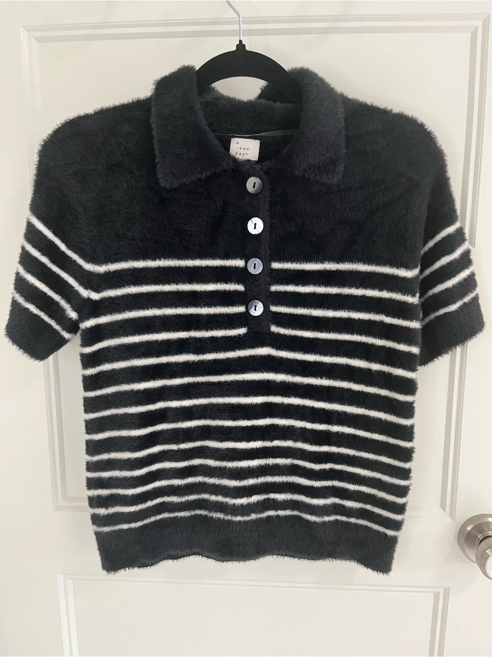 a new day Black & White Fuzzy Striped Polo